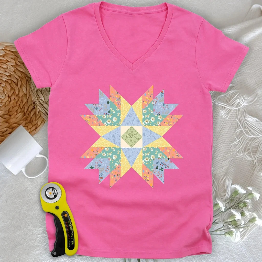Floral Star Quilt Lady V-neck