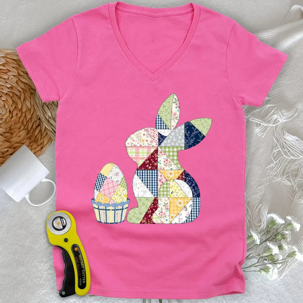 Patchwork Easter Bunny Lady V-neck