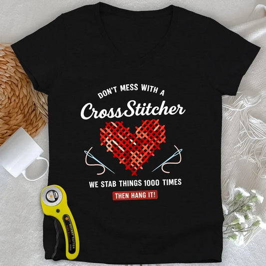 Don't Mess With a Cross Stitcher Lady V-neck