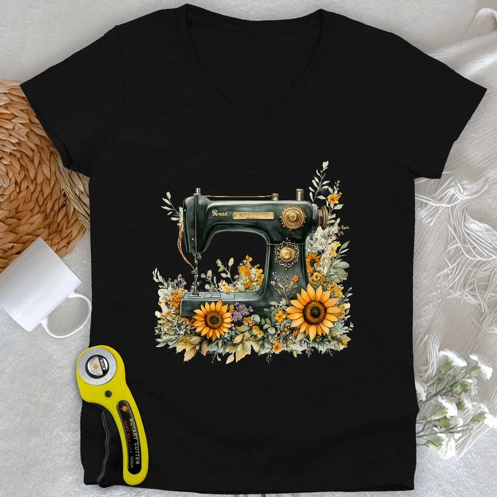 Floral Sewing Machine Lady V-neck