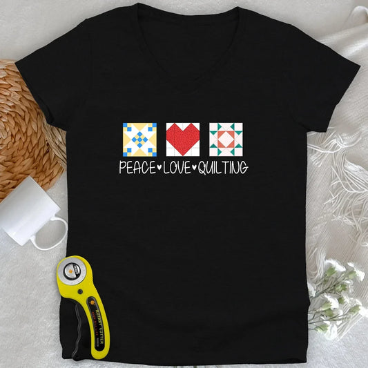 Peace Love Quilting Lady V-neck