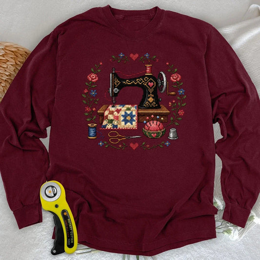 Cross-Stitched Sewing Machine Long Sleeve T-shirt