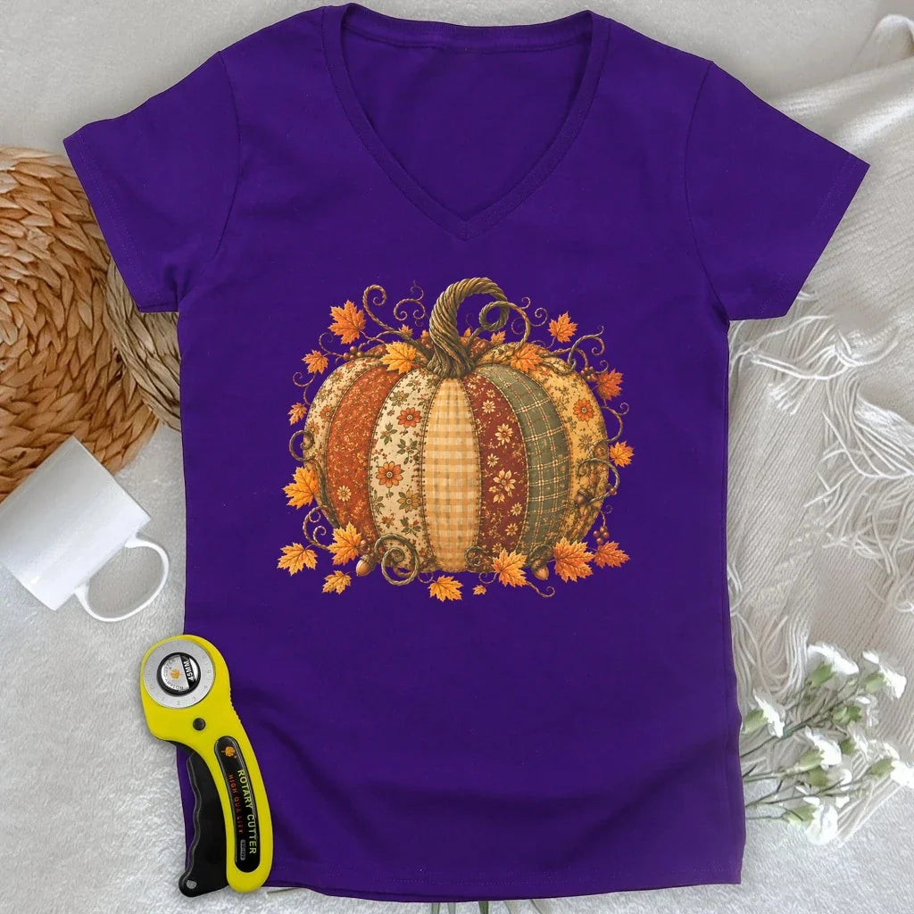 Autumn Patchwork Pumpkin Lady V-neck