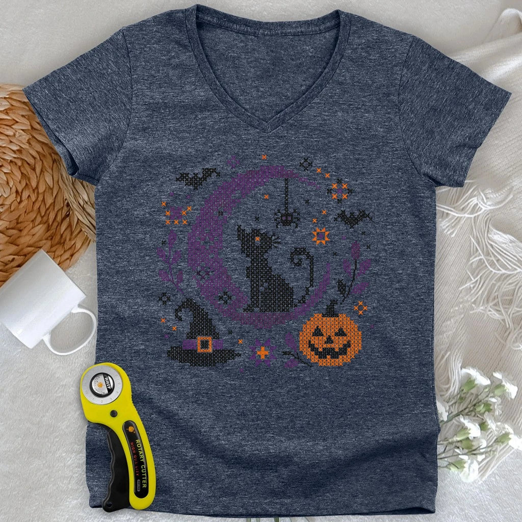 Moonlit Halloween Cross Stitch Lady V-neck