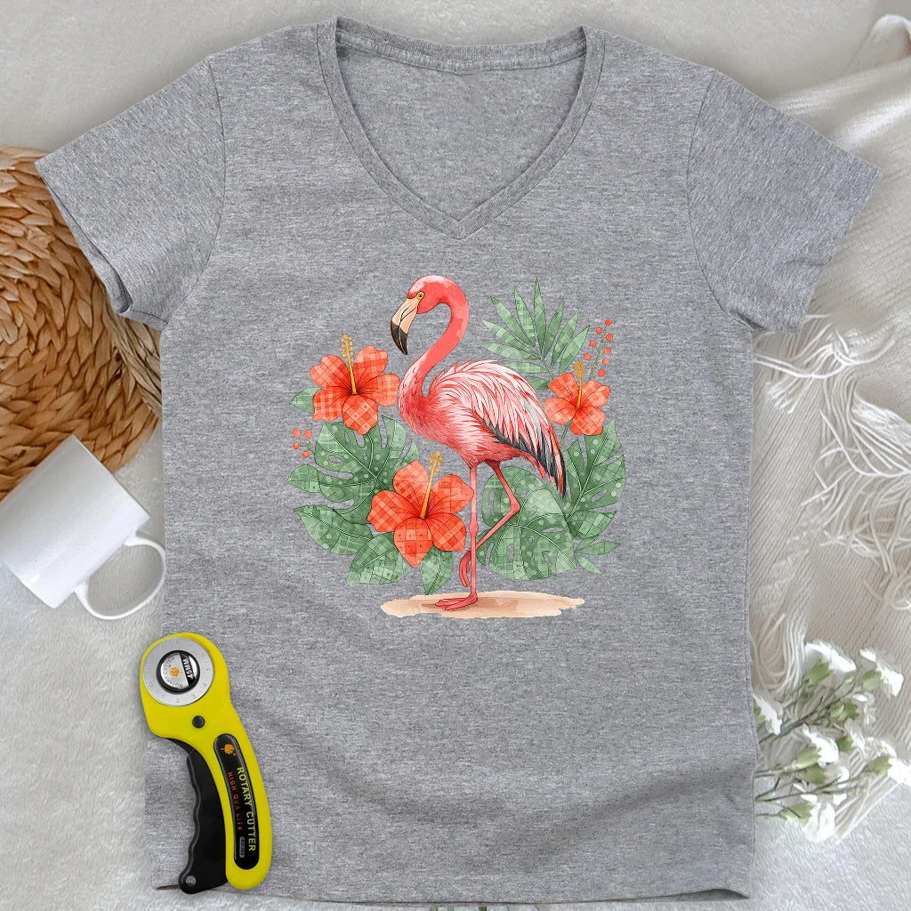 Flamingo & Floral Patchwork Lady V-neck