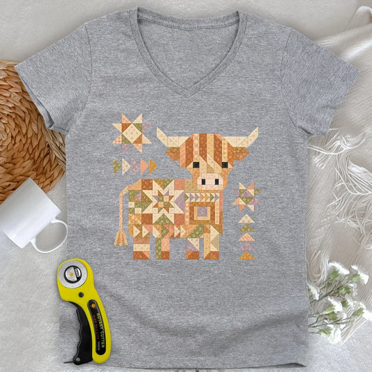 Patchwork Highland Cow Lady V-neck