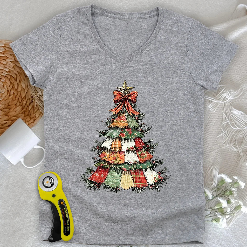 Patchwork Xmas Tree Lady V-neck