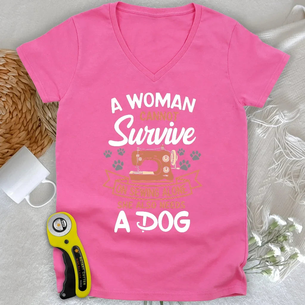 Can’t Sew Without My Dog Lady V-neck