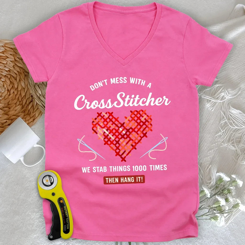 Don't Mess With a Cross Stitcher Lady V-neck