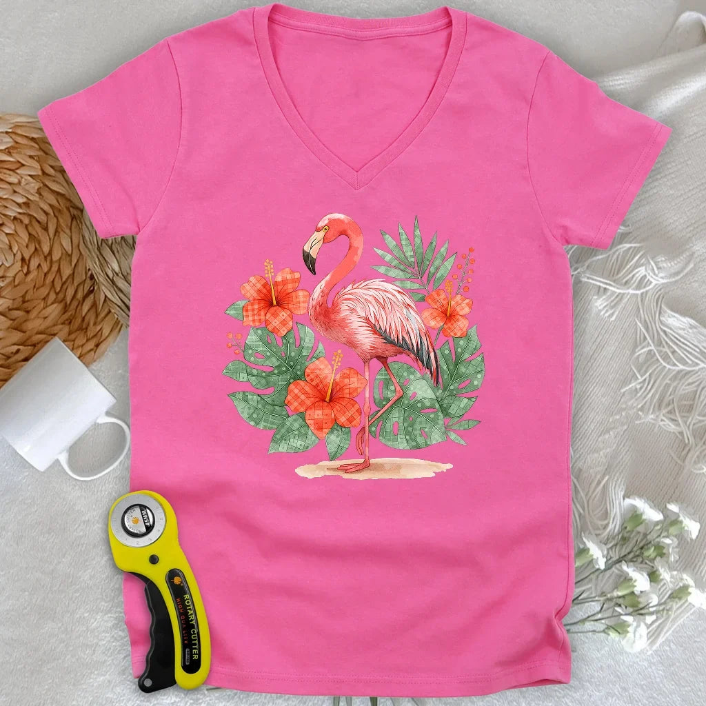 Flamingo & Floral Patchwork Lady V-neck