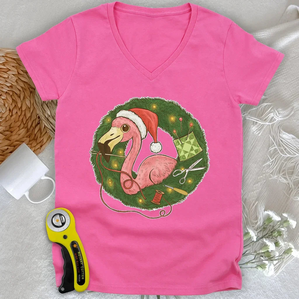 Flamingo's Quiltmas Wreath Lady V-neck