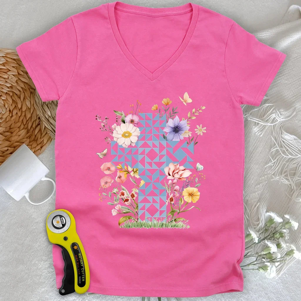 Floral Faith Quilt Lady V-neck