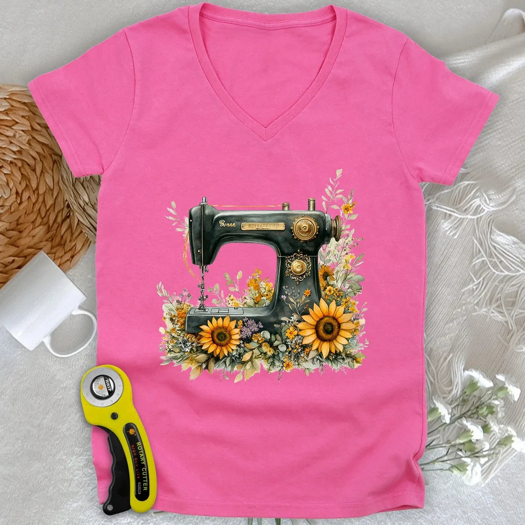 Floral Sewing Machine Lady V-neck