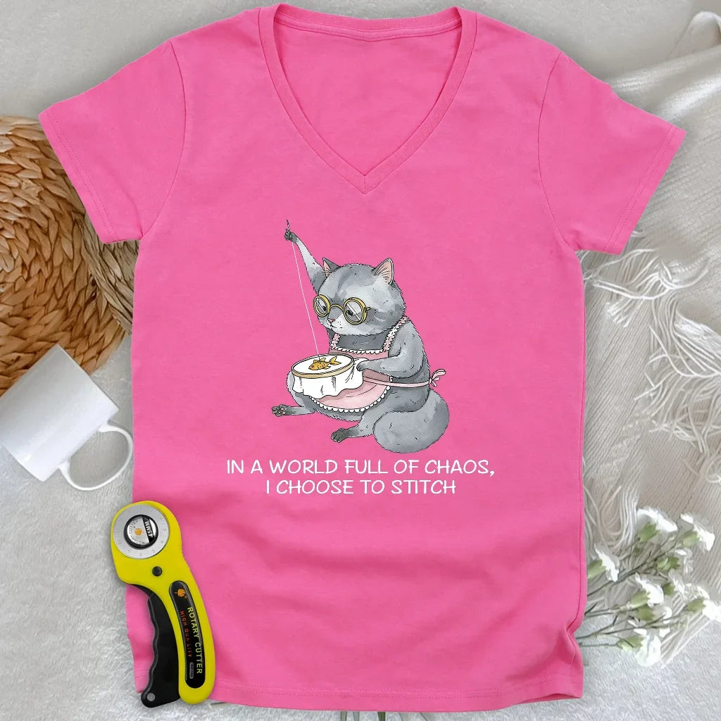 Granny Cat Sewist Lady V-neck