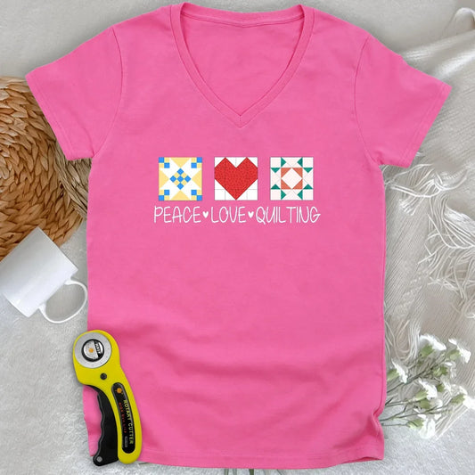 Peace Love Quilting Lady V-neck
