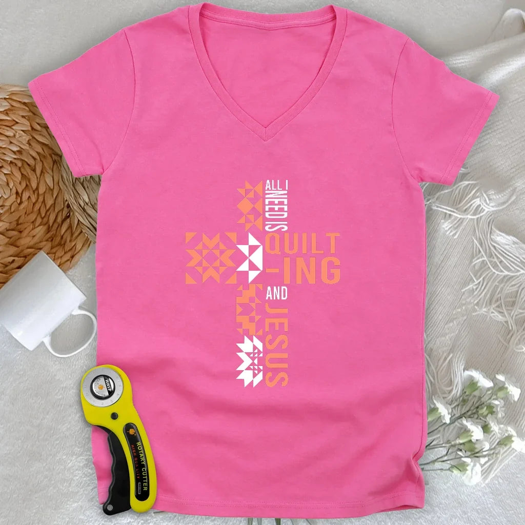 Quilting and Jesus Lady V-neck