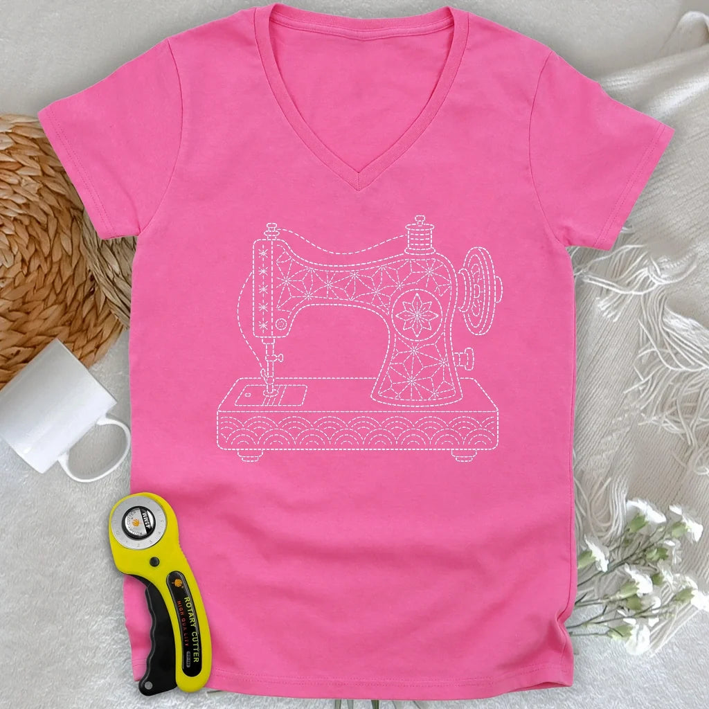 Sashiko Sewing Machine Lady V-neck