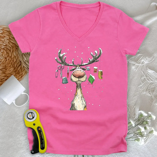 The Reindeer Quilter Lady V-neck