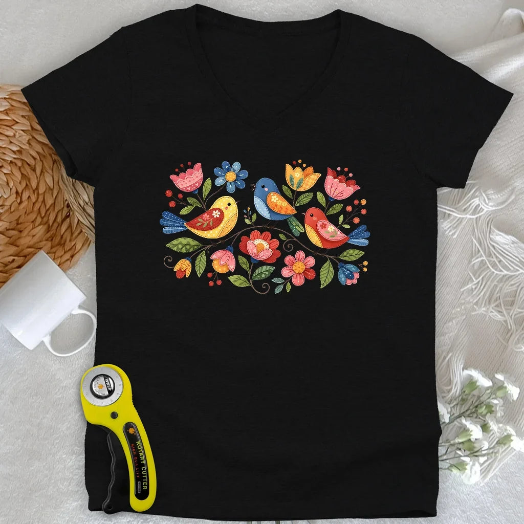 Appliqué Garden Lady V-neck