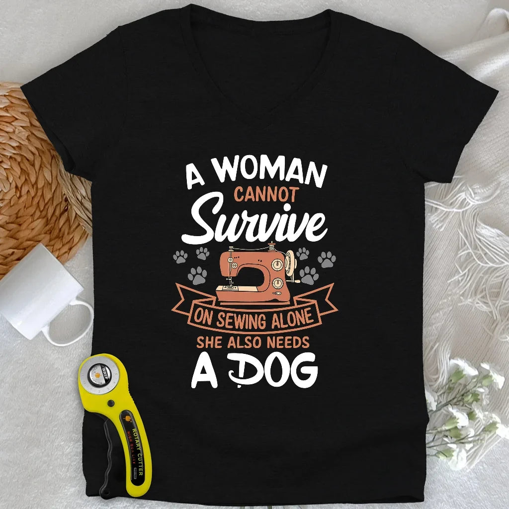 Can’t Sew Without My Dog Lady V-neck