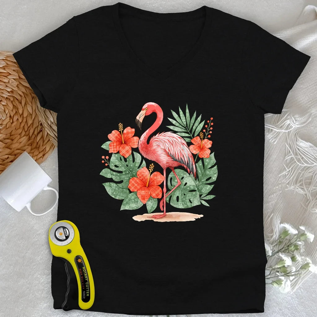 Flamingo & Floral Patchwork Lady V-neck