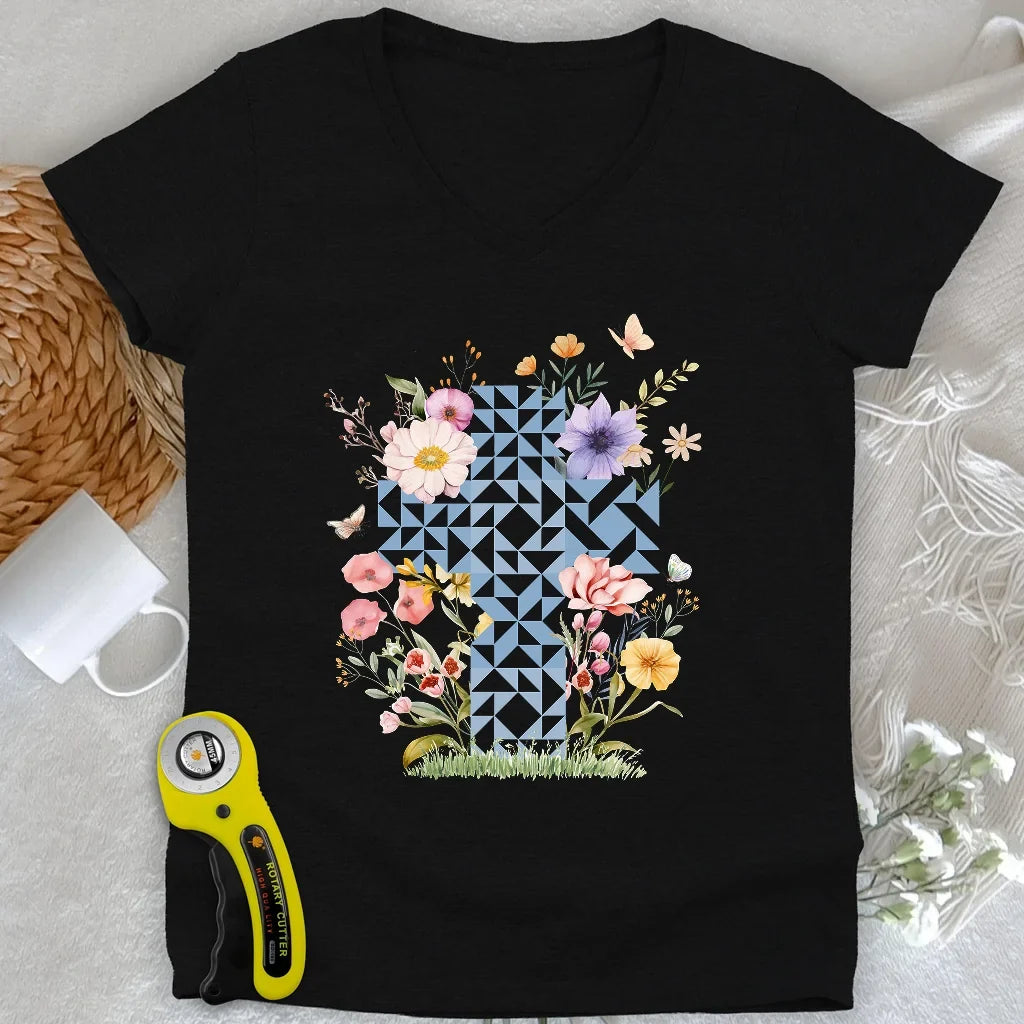 Floral Faith Quilt Lady V-neck
