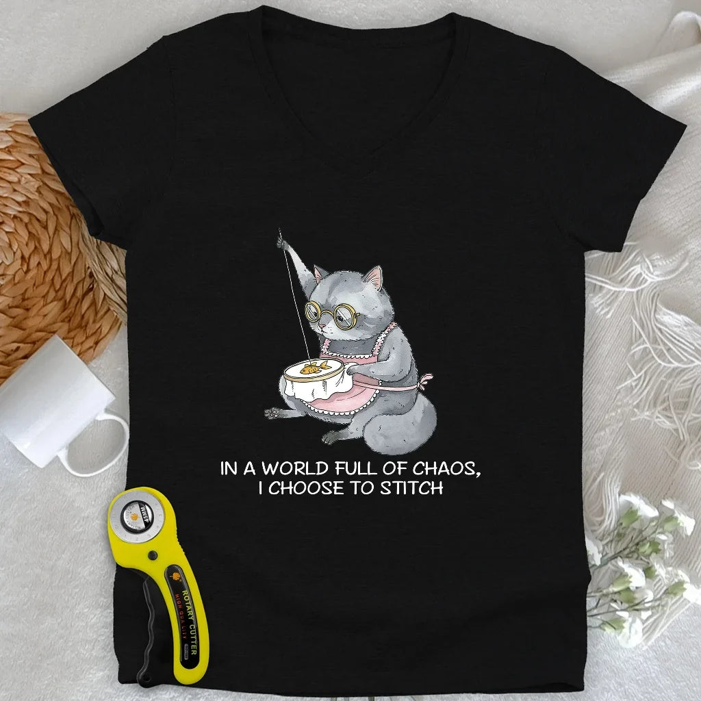 Granny Cat Sewist Lady V-neck