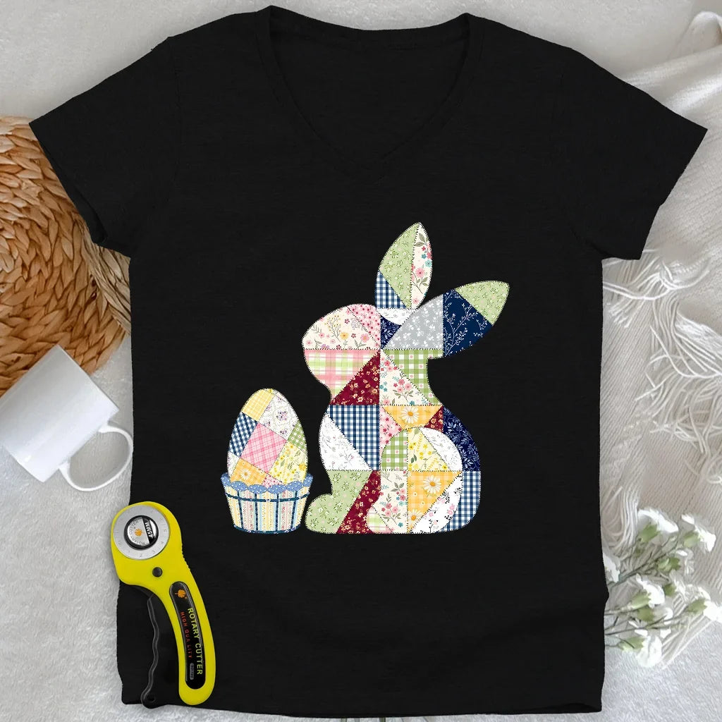 Patchwork Easter Bunny Lady V-neck