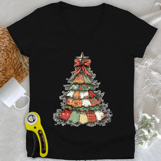 Patchwork Xmas Tree Lady V-neck