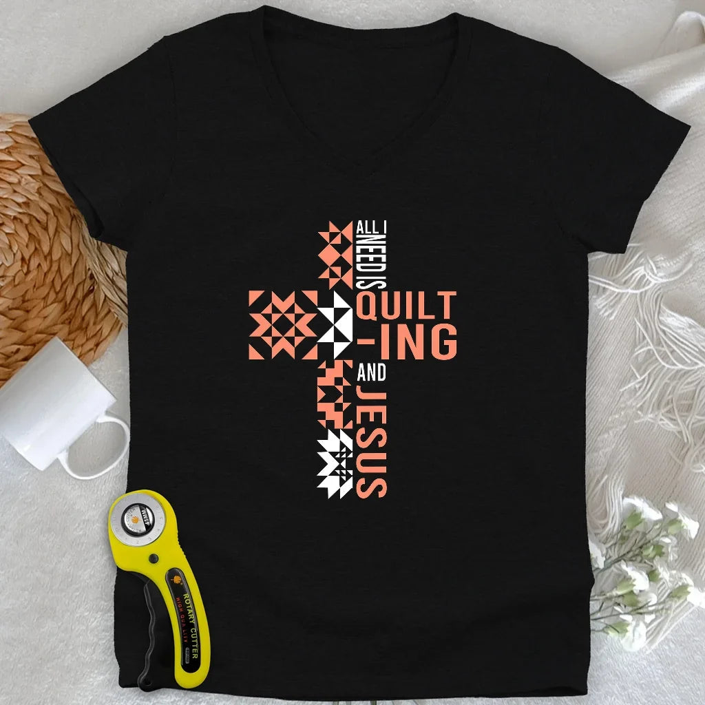 Quilting and Jesus Lady V-neck