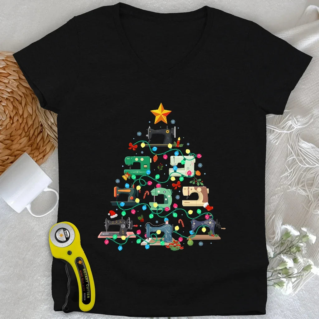 Sewing Christmas Tree Lady V-neck