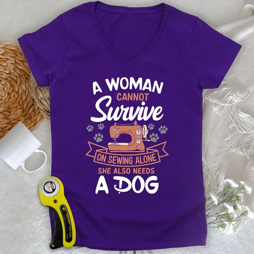 Can’t Sew Without My Dog Lady V-neck