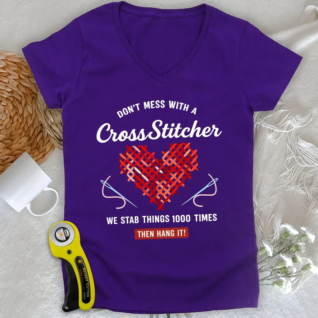 Don't Mess With a Cross Stitcher Lady V-neck
