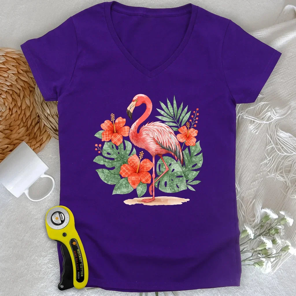 Flamingo & Floral Patchwork Lady V-neck