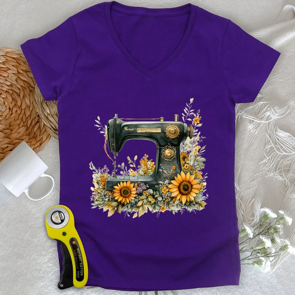 Floral Sewing Machine Lady V-neck