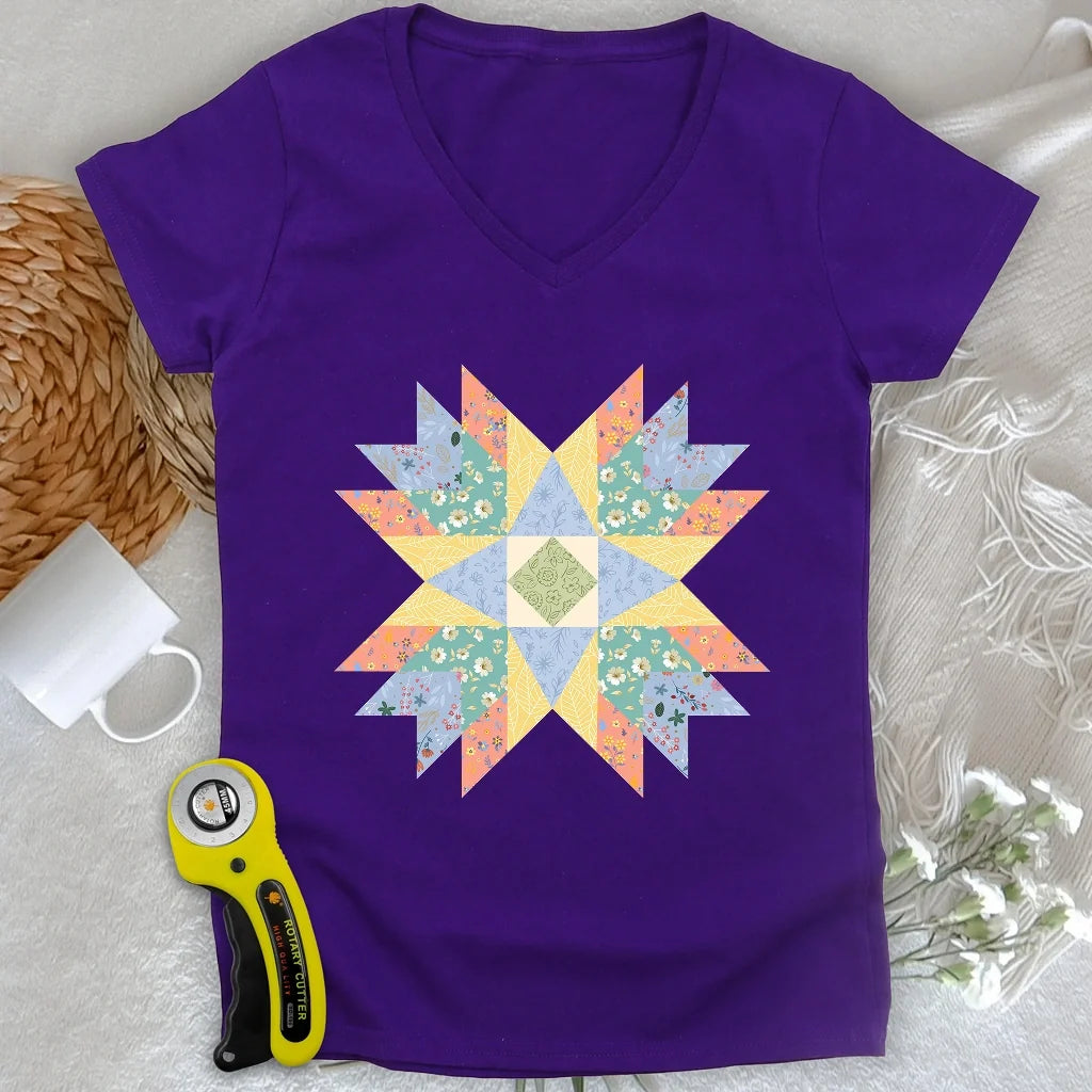 Floral Star Quilt Lady V-neck