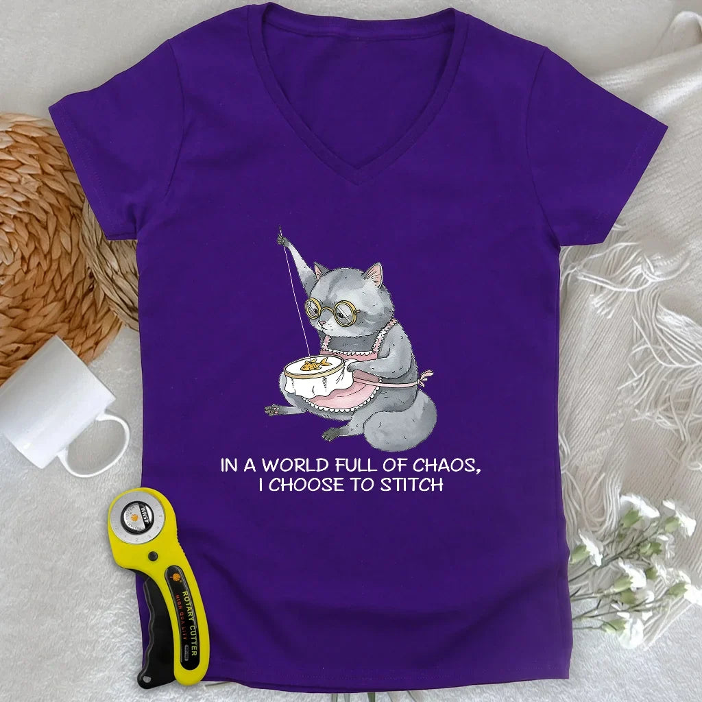Granny Cat Sewist Lady V-neck
