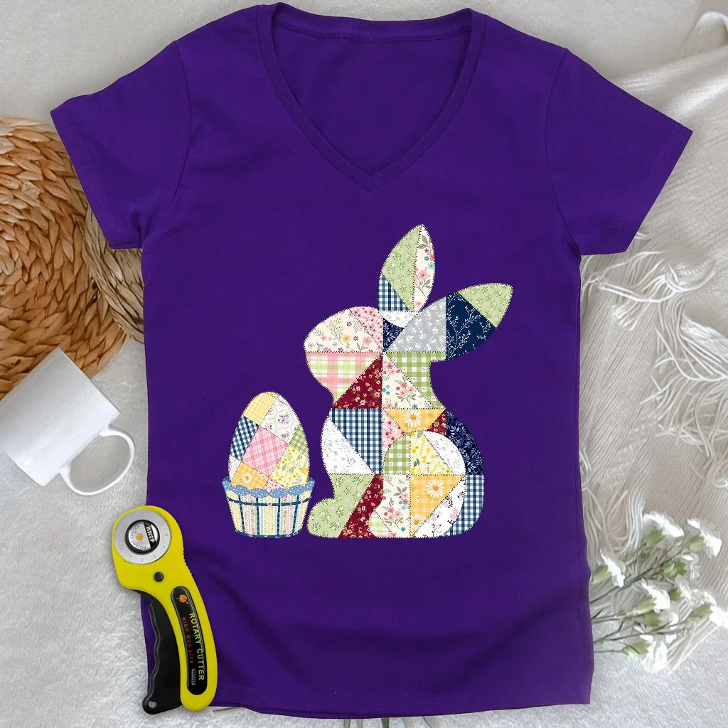 Patchwork Easter Bunny Lady V-neck