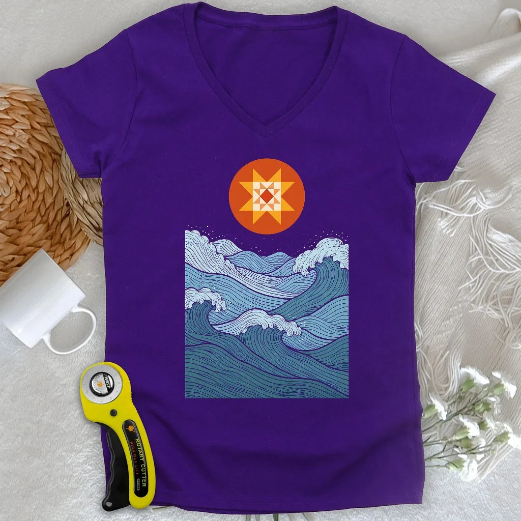 Quilted Sunset Ocean Lady V-neck