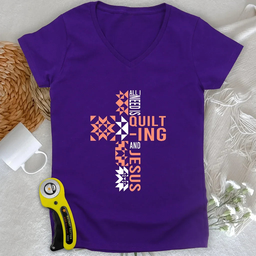 Quilting and Jesus Lady V-neck