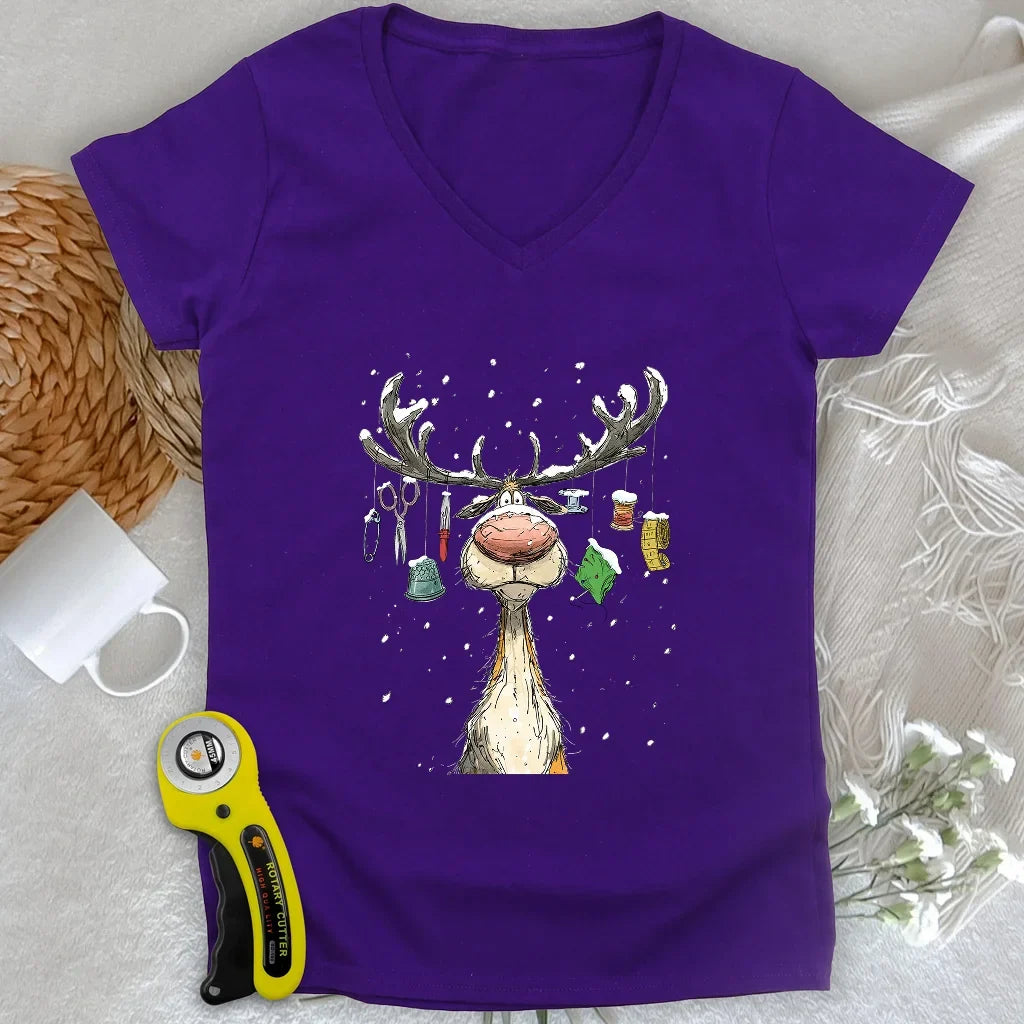 The Reindeer Quilter Lady V-neck