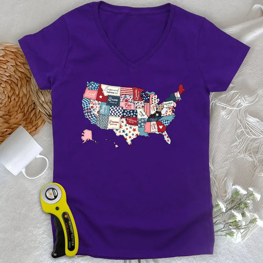 USA Quilt Map Lady V-neck