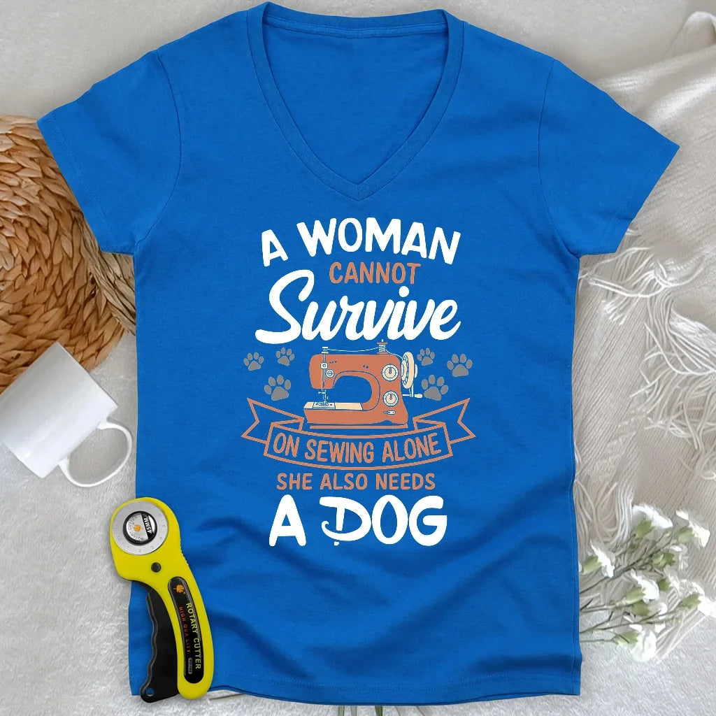 Can’t Sew Without My Dog Lady V-neck