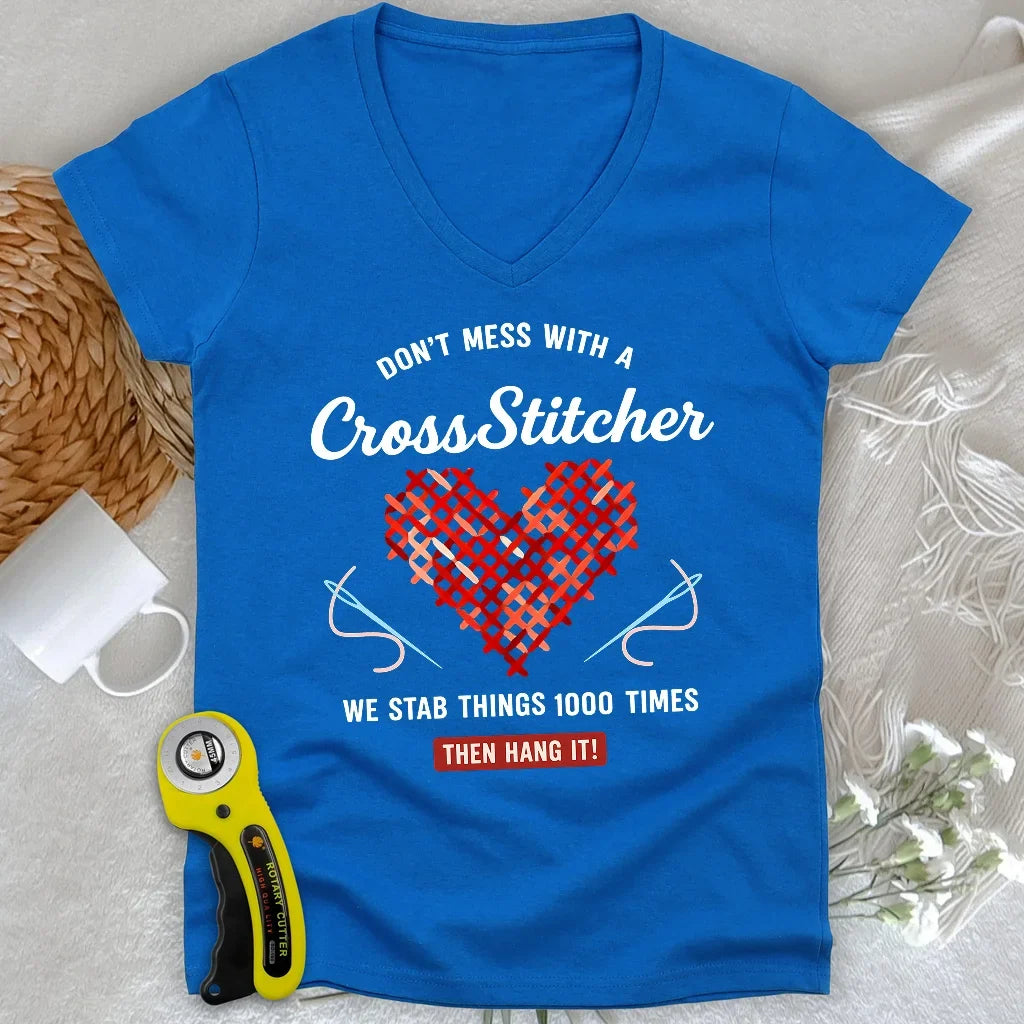 Don't Mess With a Cross Stitcher Lady V-neck