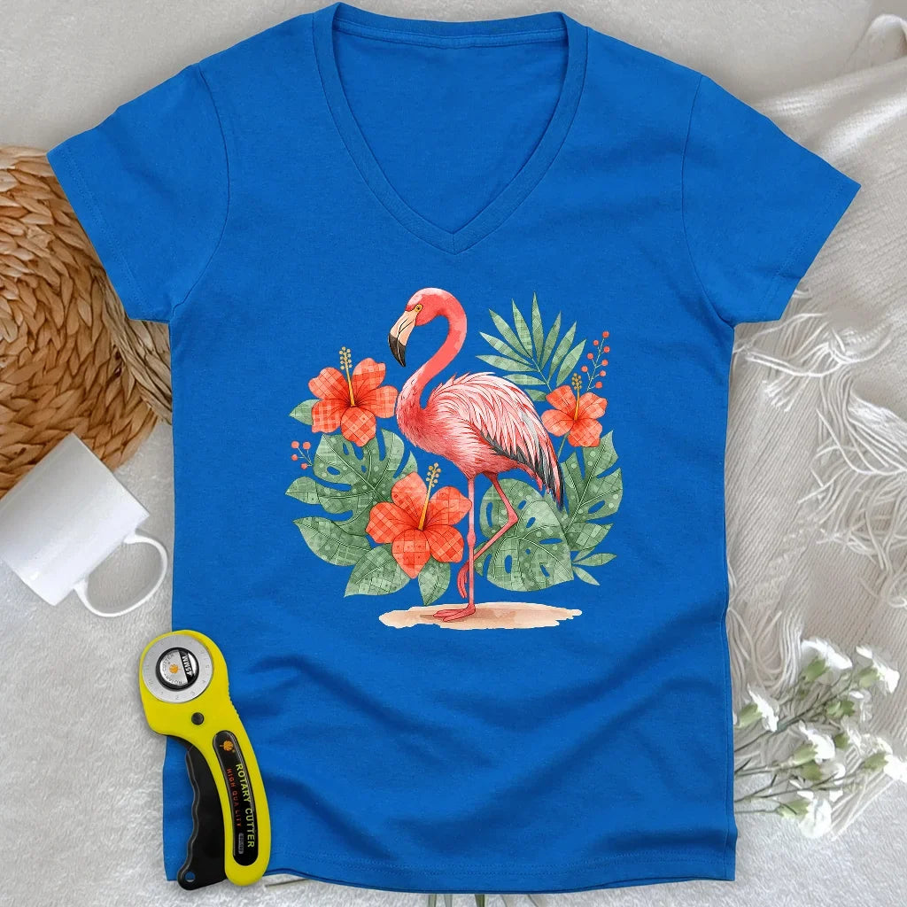 Flamingo & Floral Patchwork Lady V-neck