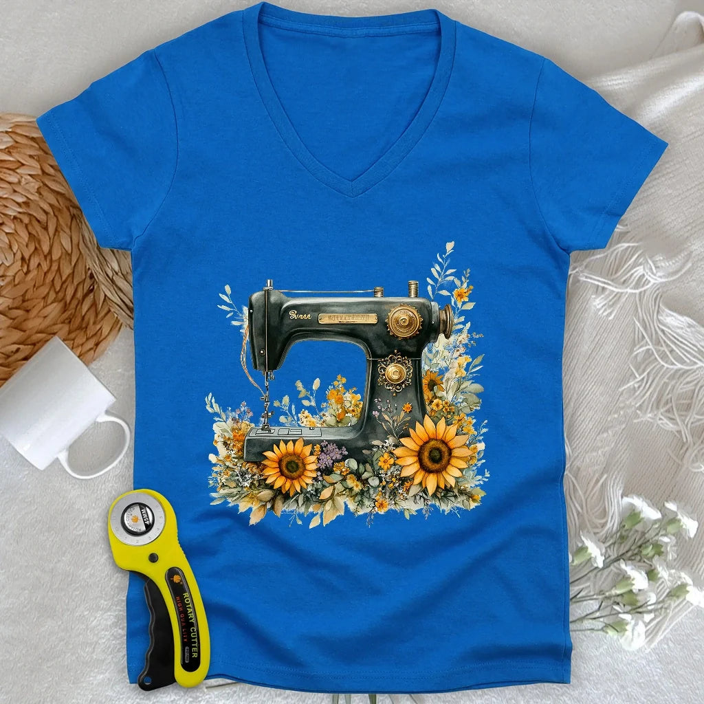 Floral Sewing Machine Lady V-neck