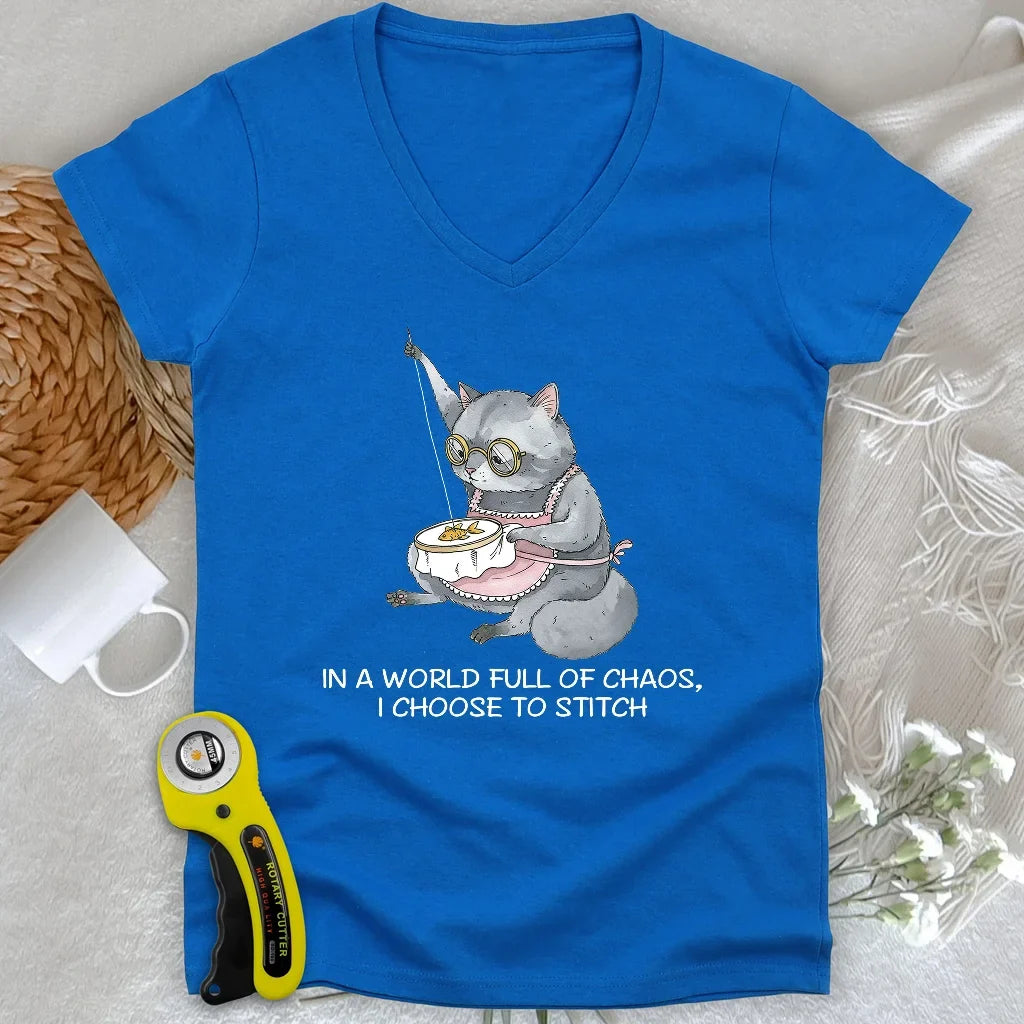 Granny Cat Sewist Lady V-neck