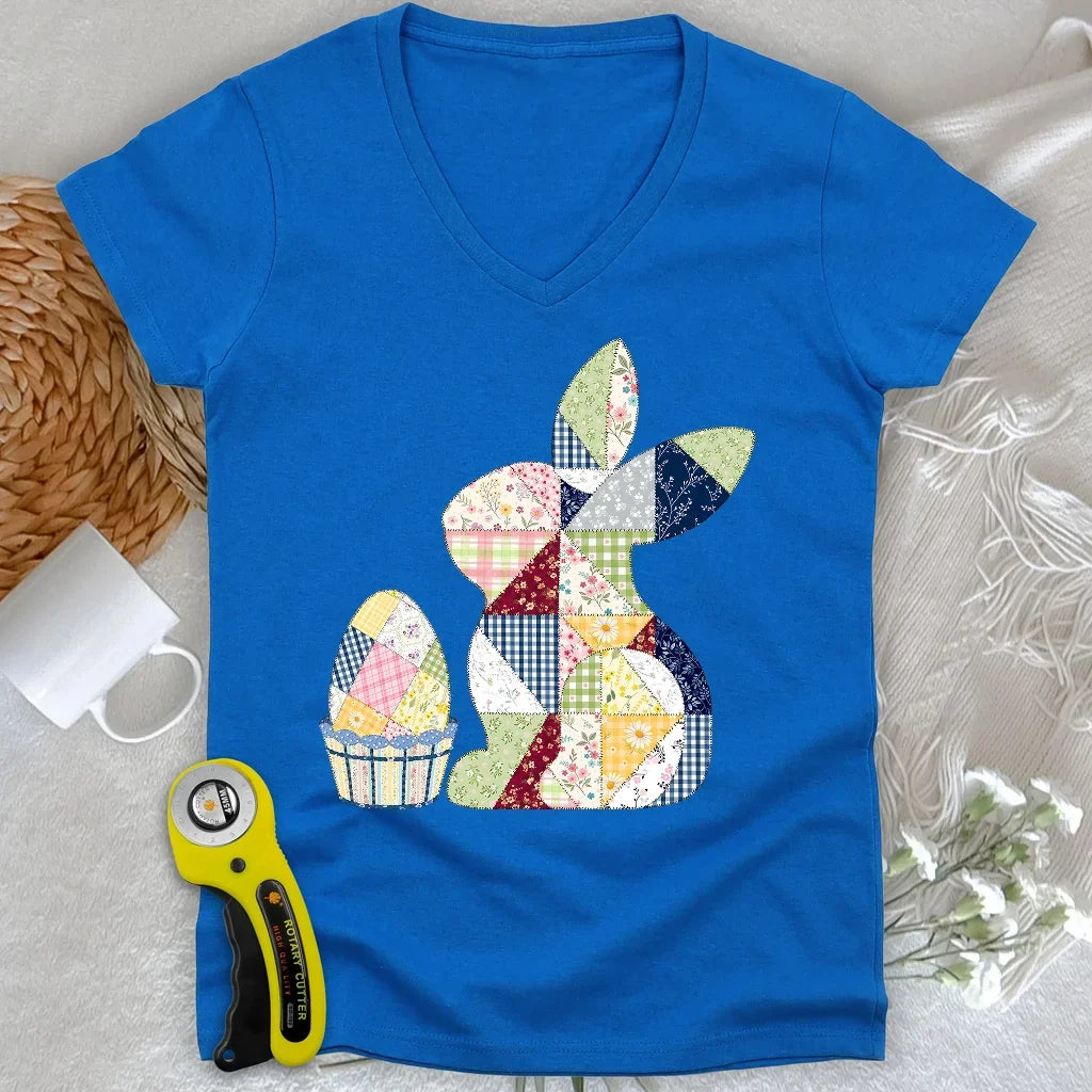 Patchwork Easter Bunny Lady V-neck