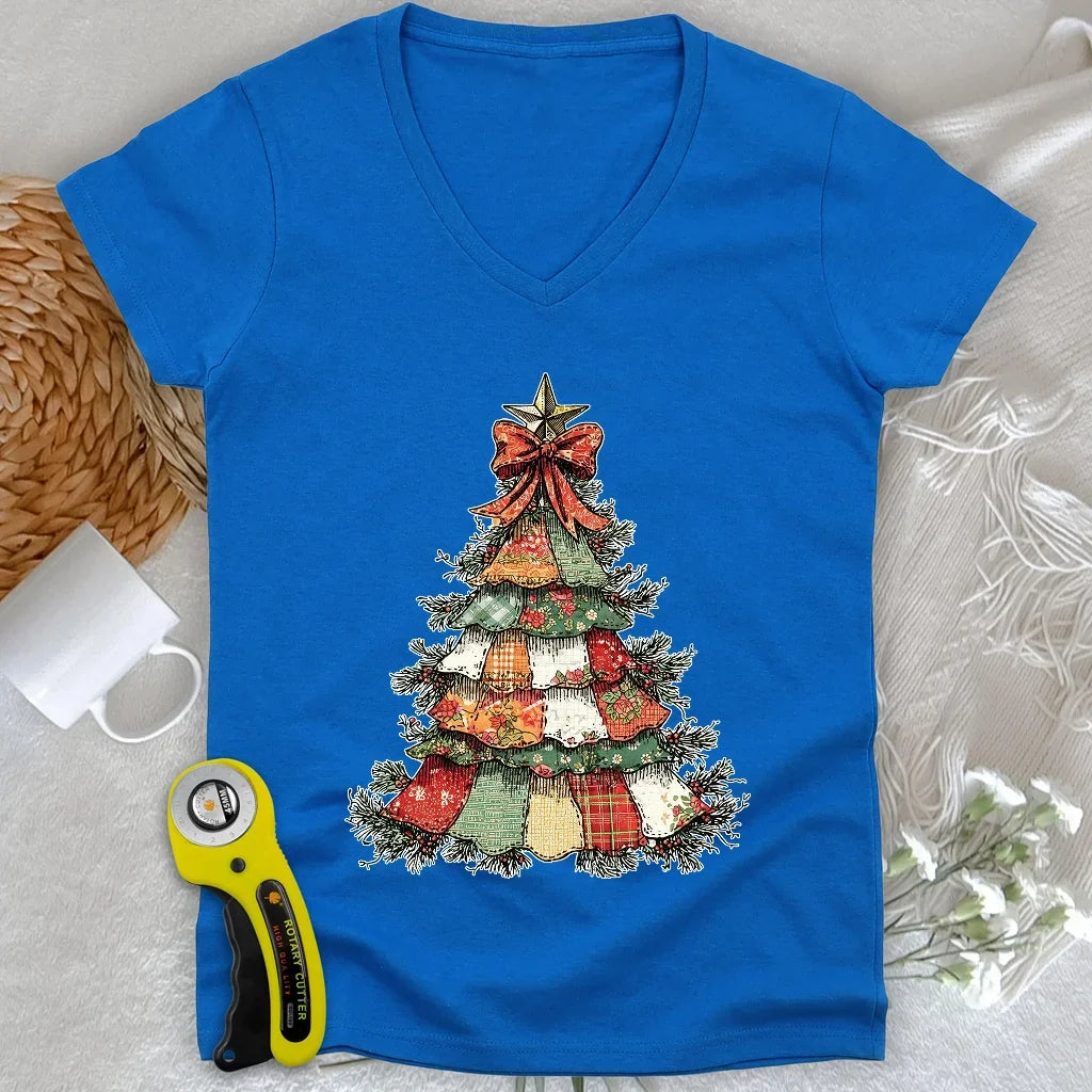 Patchwork Xmas Tree Lady V-neck