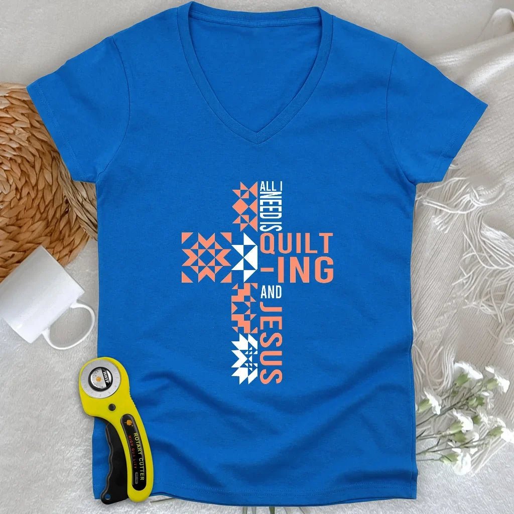 Quilting and Jesus Lady V-neck